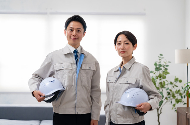 ヘルメットを持った作業服の男女