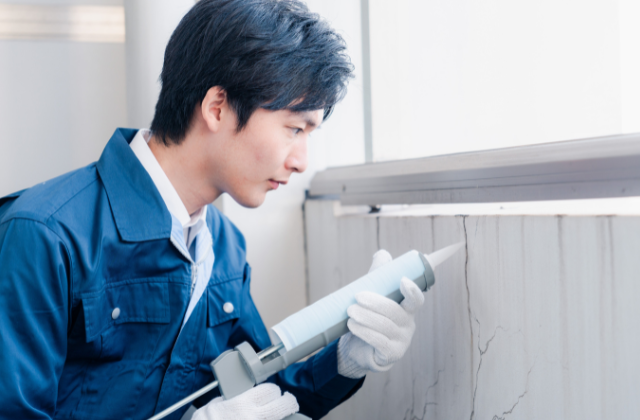 壁を修理する男性