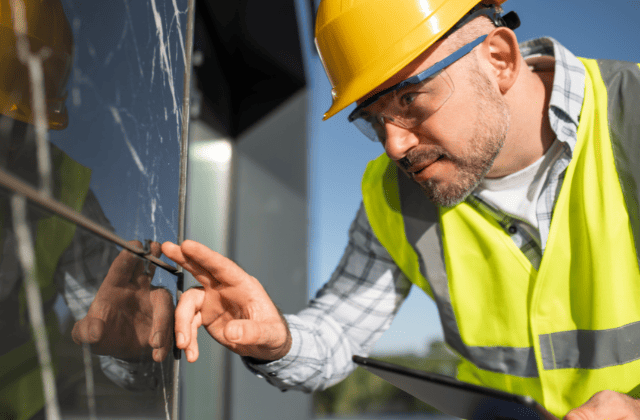 壊れた壁を確認している業者