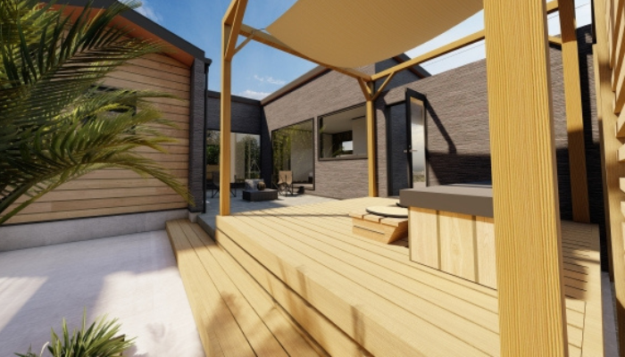 庭に新設されたウッドデッキ